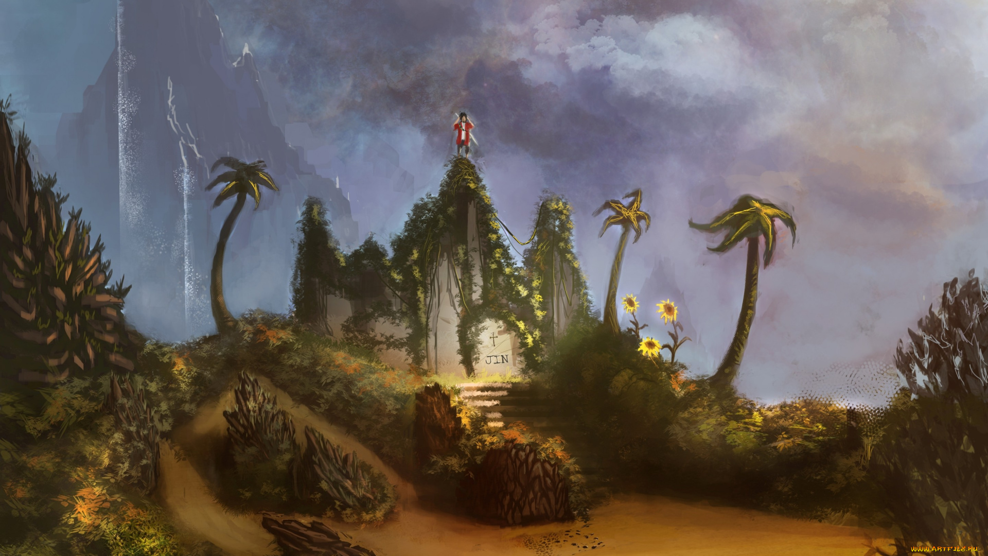 аниме, samurai, champloo, гора, mugen, samurai, champloo, арт, joediepstraten, могила, ступеньки, лестница, подсолнухи, зелень, пальмы