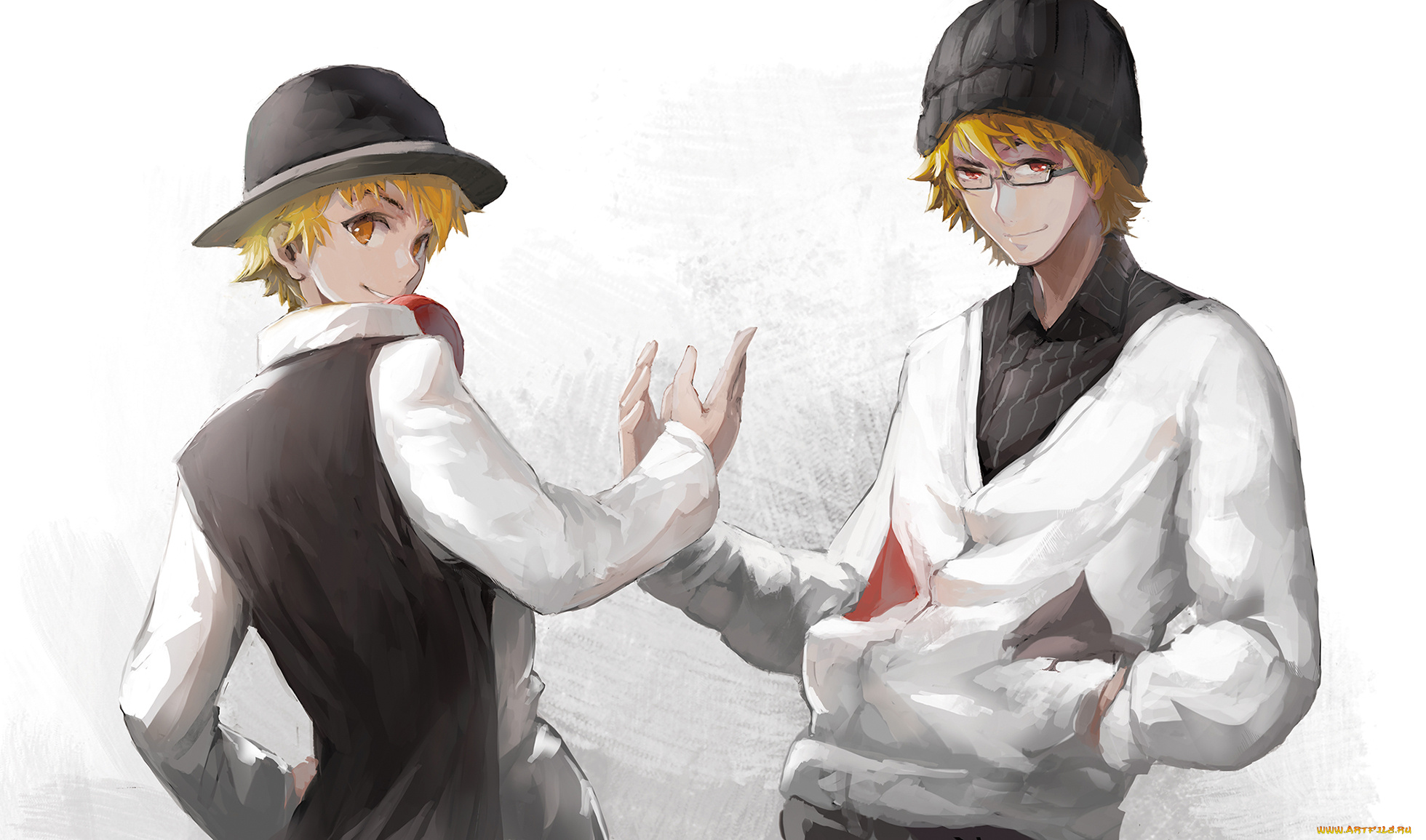 аниме, unknown, , другое, арт, взгляды, очки, шляпы, жест, парни