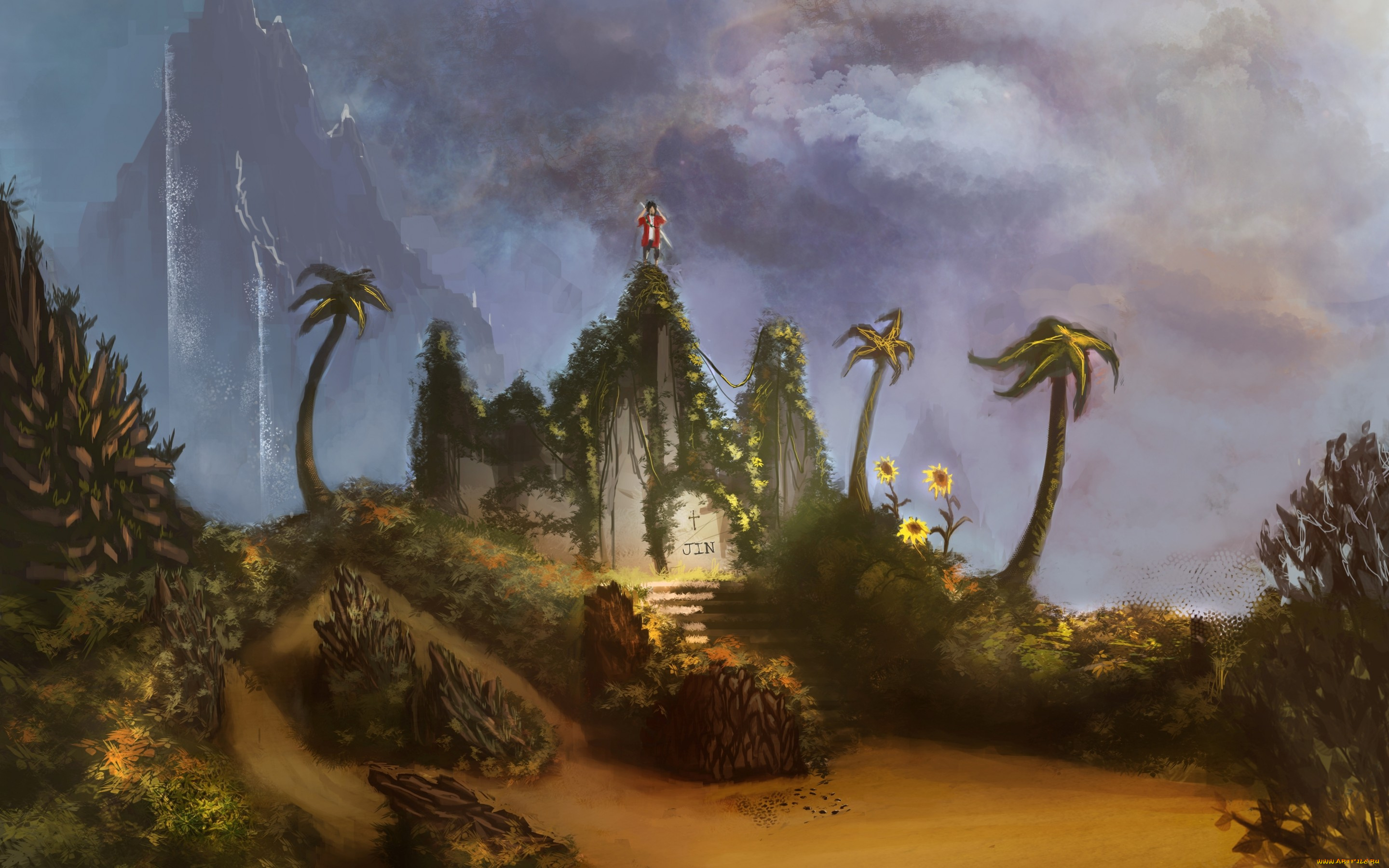 аниме, samurai, champloo, гора, mugen, samurai, champloo, арт, joediepstraten, могила, ступеньки, лестница, подсолнухи, зелень, пальмы