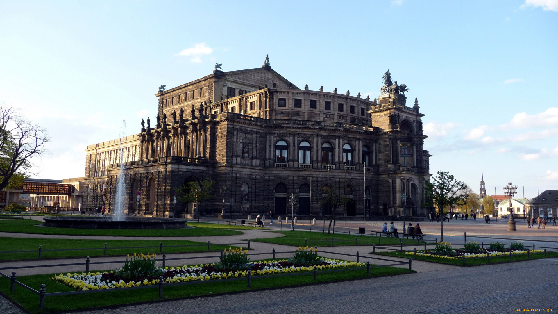 города, дрезден, , германия, площадь, фонтан, клумбы