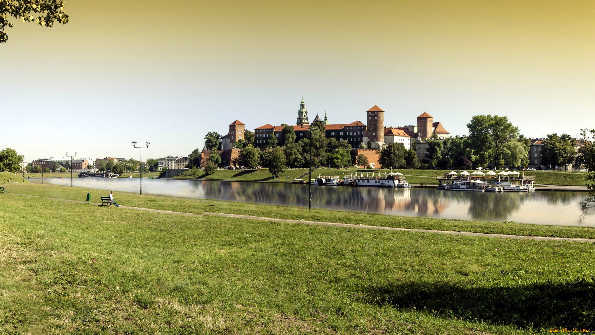 города, краков, , польша, река, фонари, замок