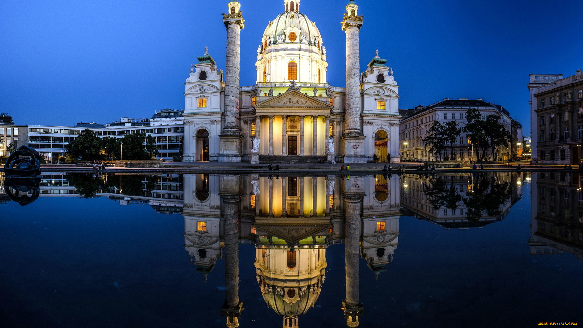 города, вена, , австрия, вечер, река, отражение