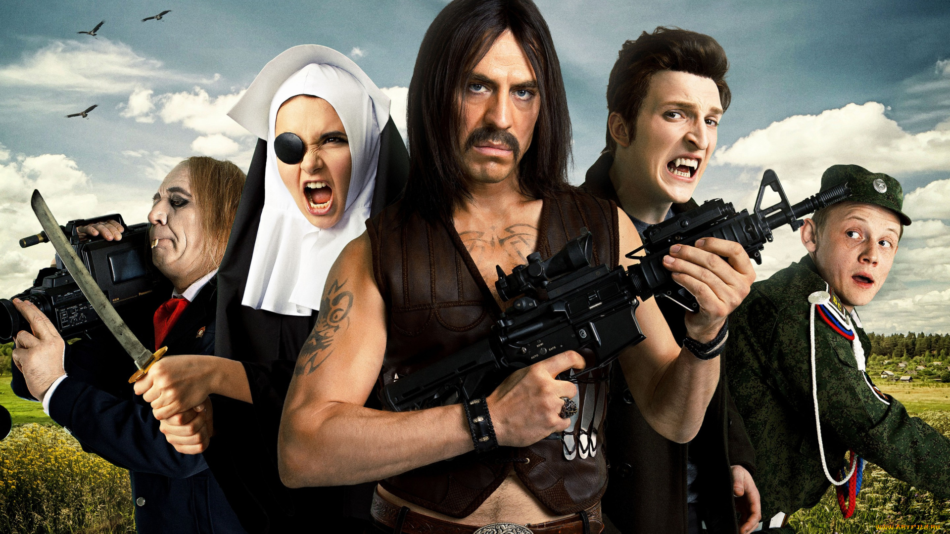 кино, фильмы, огни, большой, деревни, комедия, тату, автомат, жилетка, усы, дмитрий, дюжев, постер, огни, большой, деревни, персонажи, видеокамера, вампир, катана, монашка