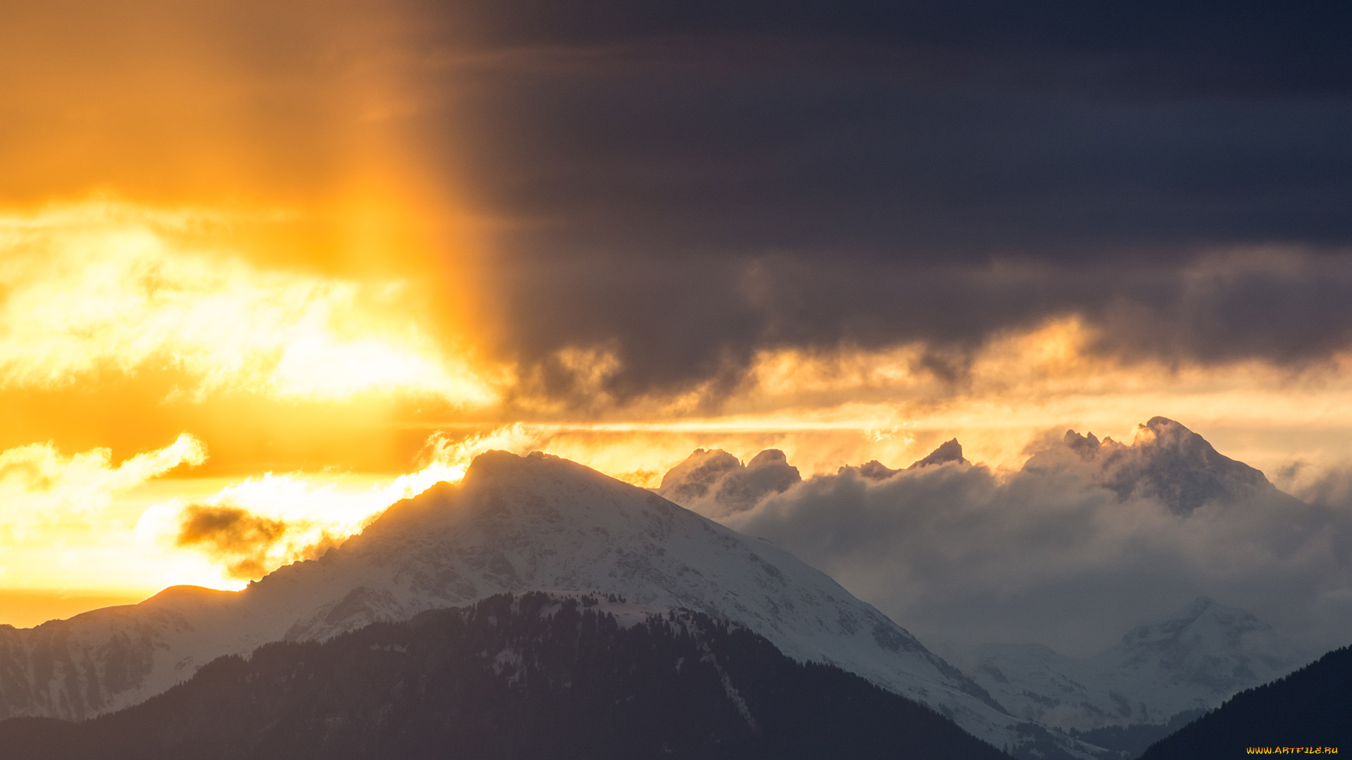 природа, горы, облака, снег, восход, солнца