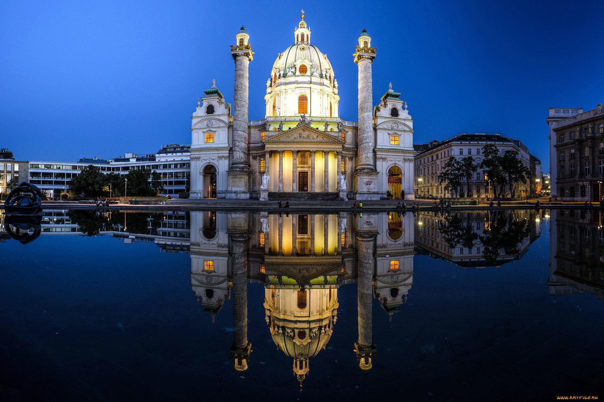 города, вена, , австрия, вечер, река, отражение