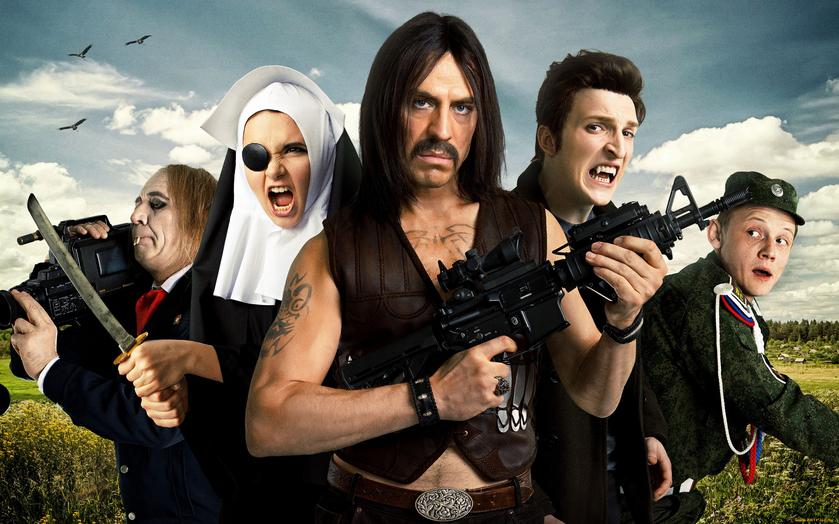 кино, фильмы, огни, большой, деревни, комедия, тату, автомат, жилетка, усы, дмитрий, дюжев, постер, огни, большой, деревни, персонажи, видеокамера, вампир, катана, монашка