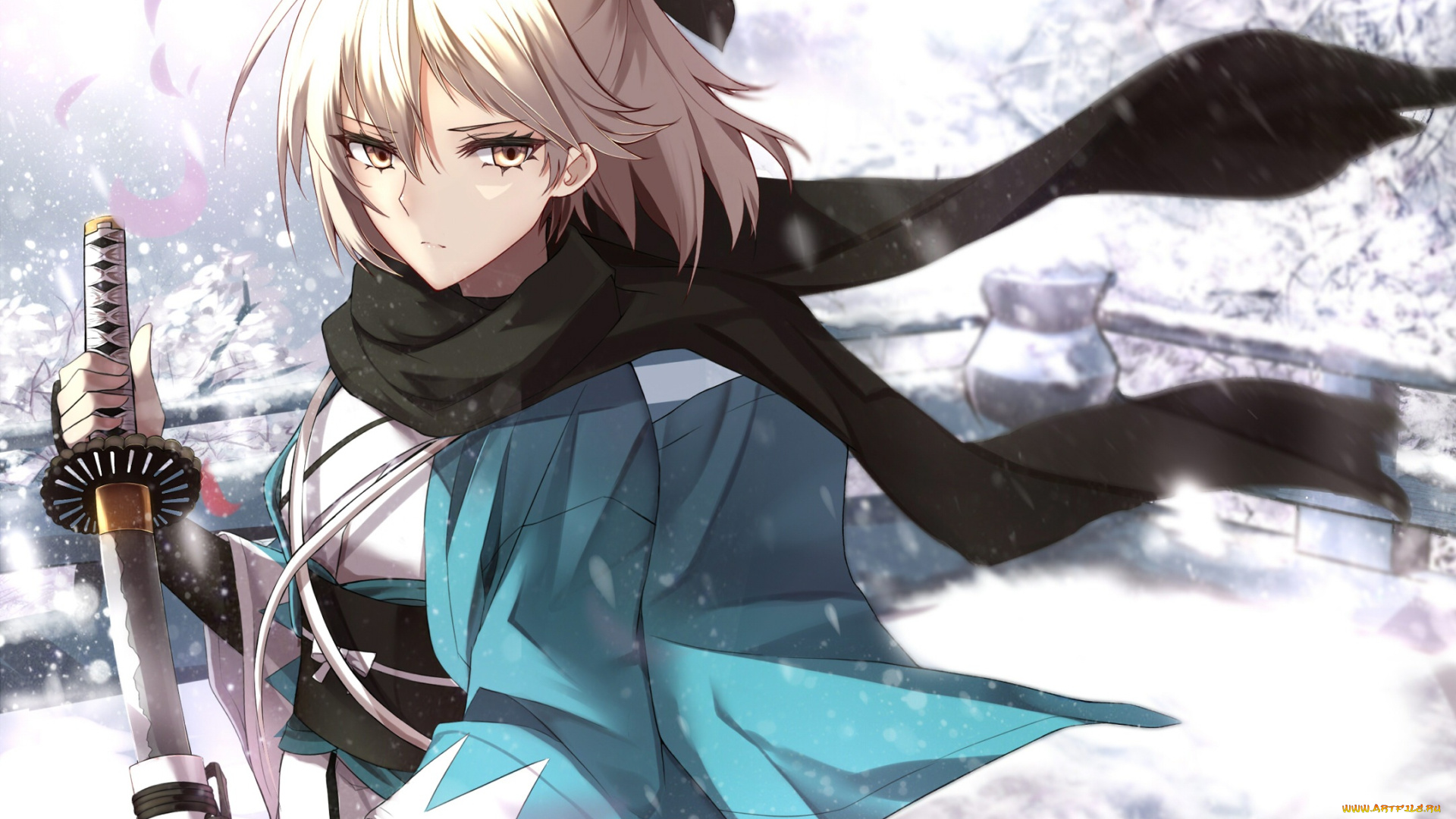 аниме, fate, stay, night, меч, бант, шарф, девушка