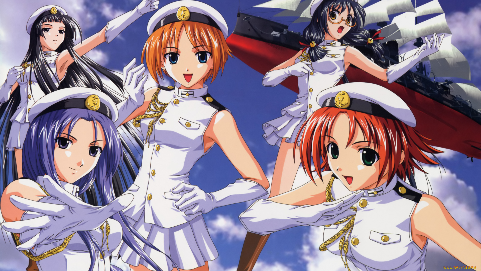 аниме, raimuiro, senkitan, небо, корабль, девушки, форма