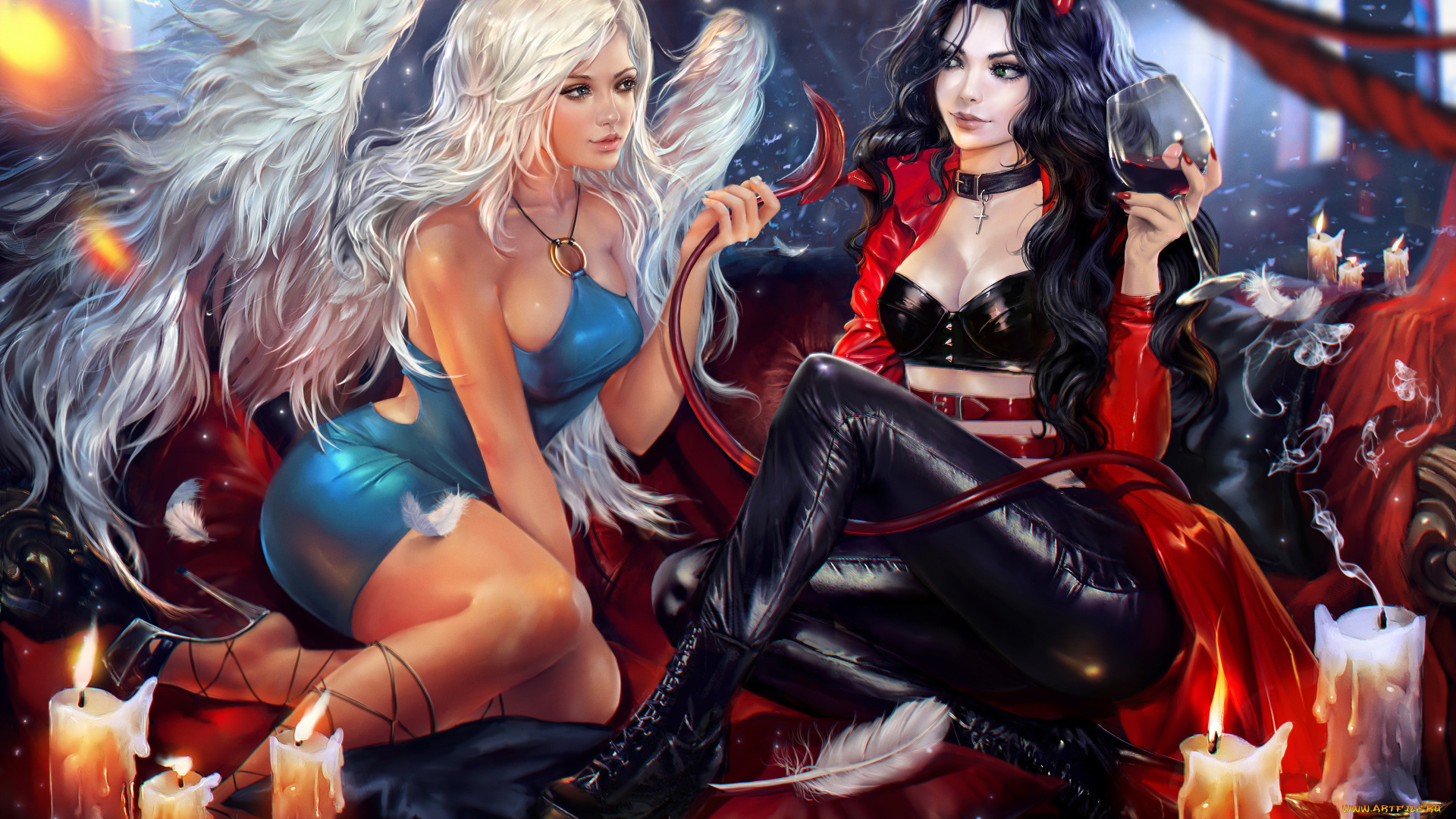 фэнтези, ангелы, девушки, крылья, униформва, хвост, фон