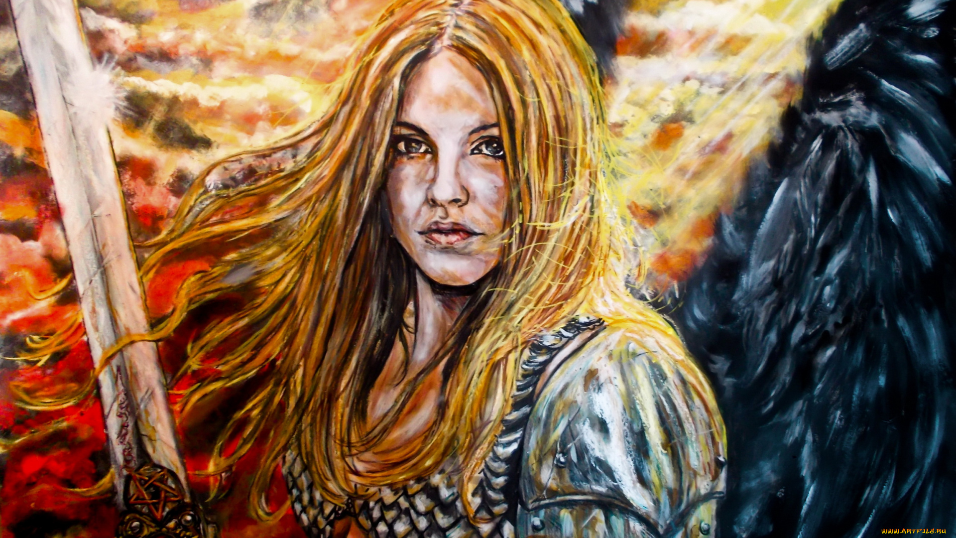 фэнтези, ангелы, крылья, меч, взгляд, фон, девушка