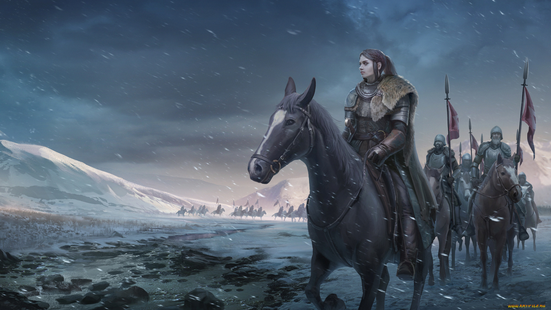 фэнтези, люди, фон, девушка, конь, отряд, гора