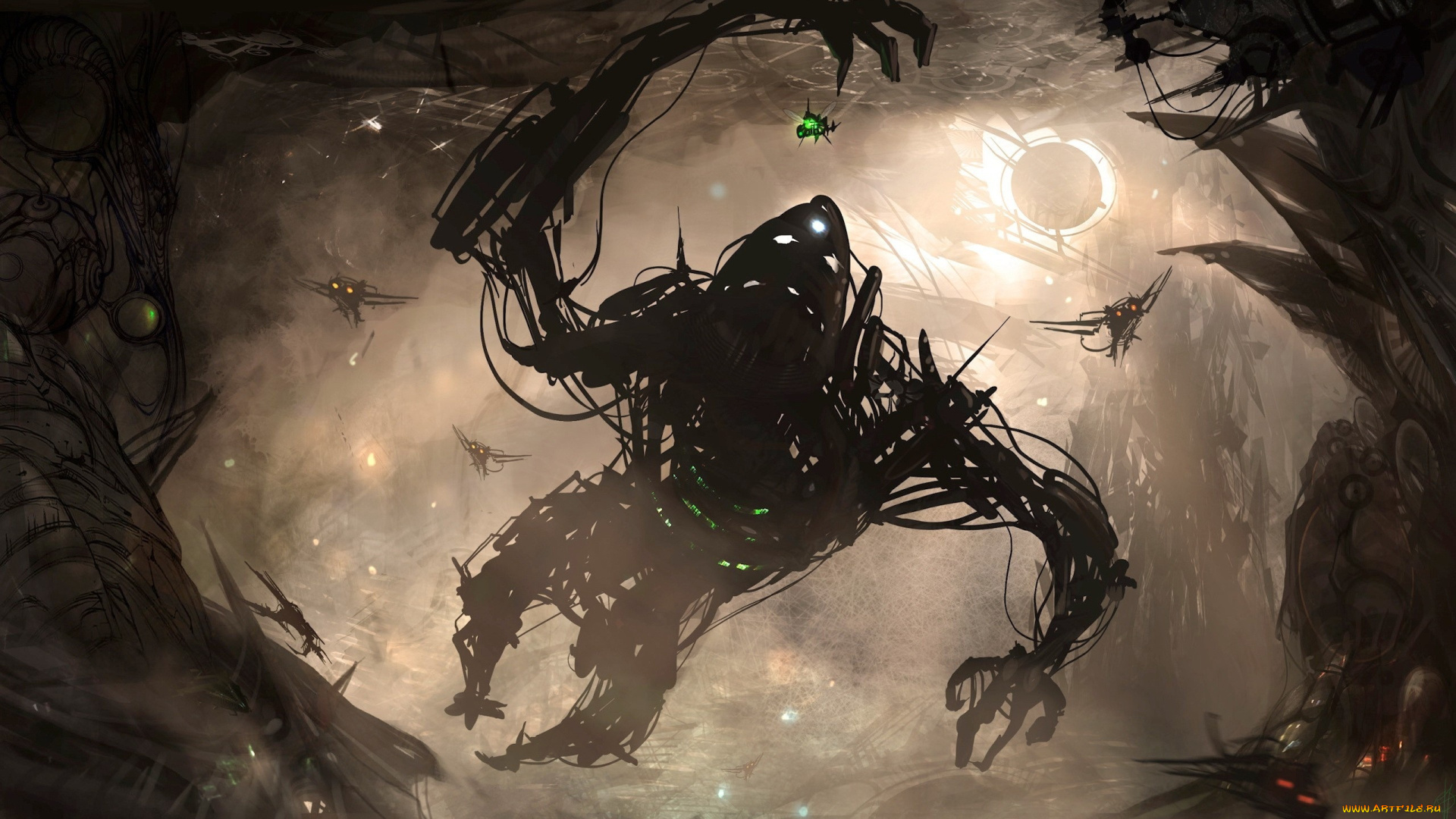 фэнтези, роботы, , киборги, , механизмы, монстр, скалы, свет, корабли