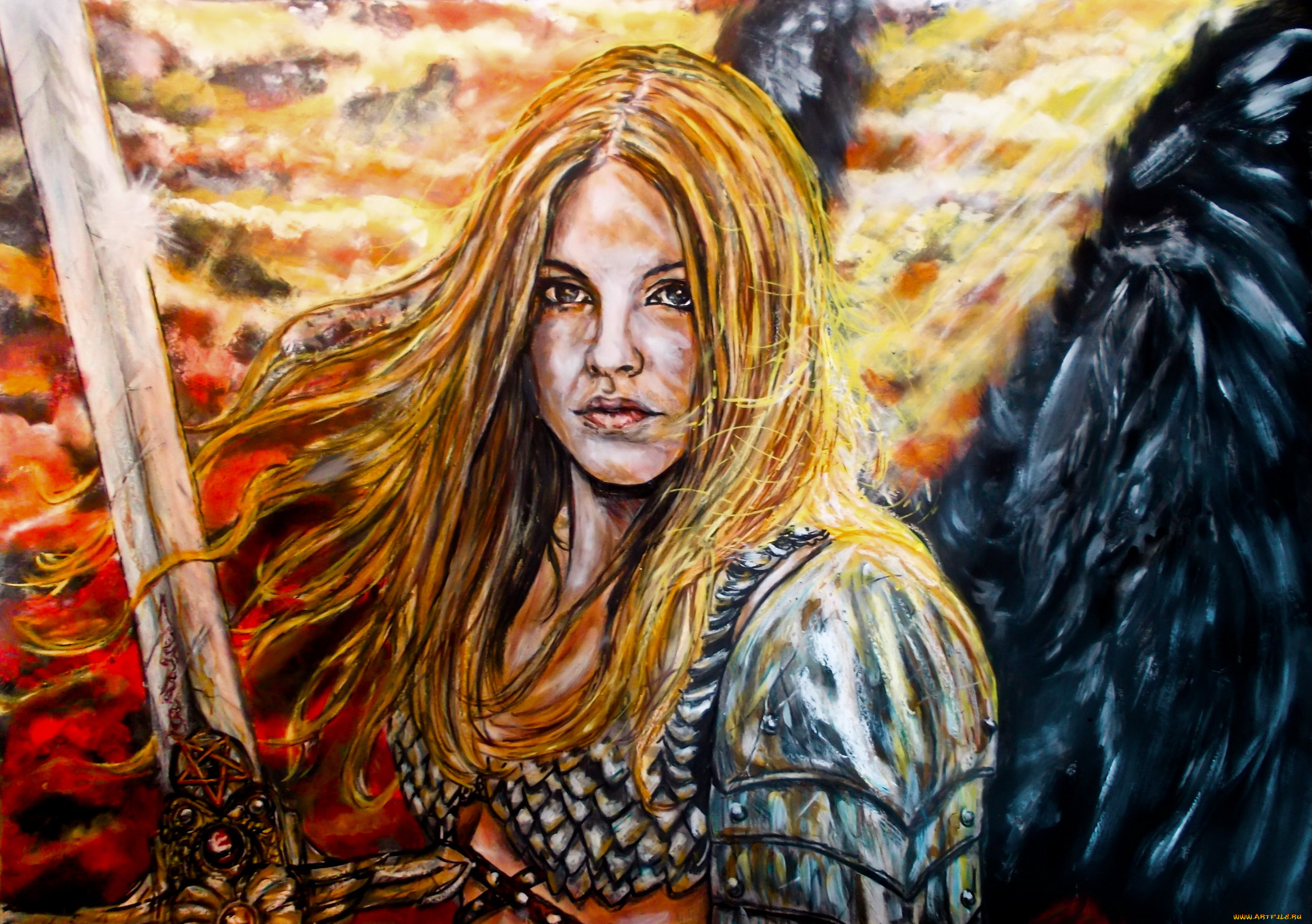 фэнтези, ангелы, крылья, меч, взгляд, фон, девушка