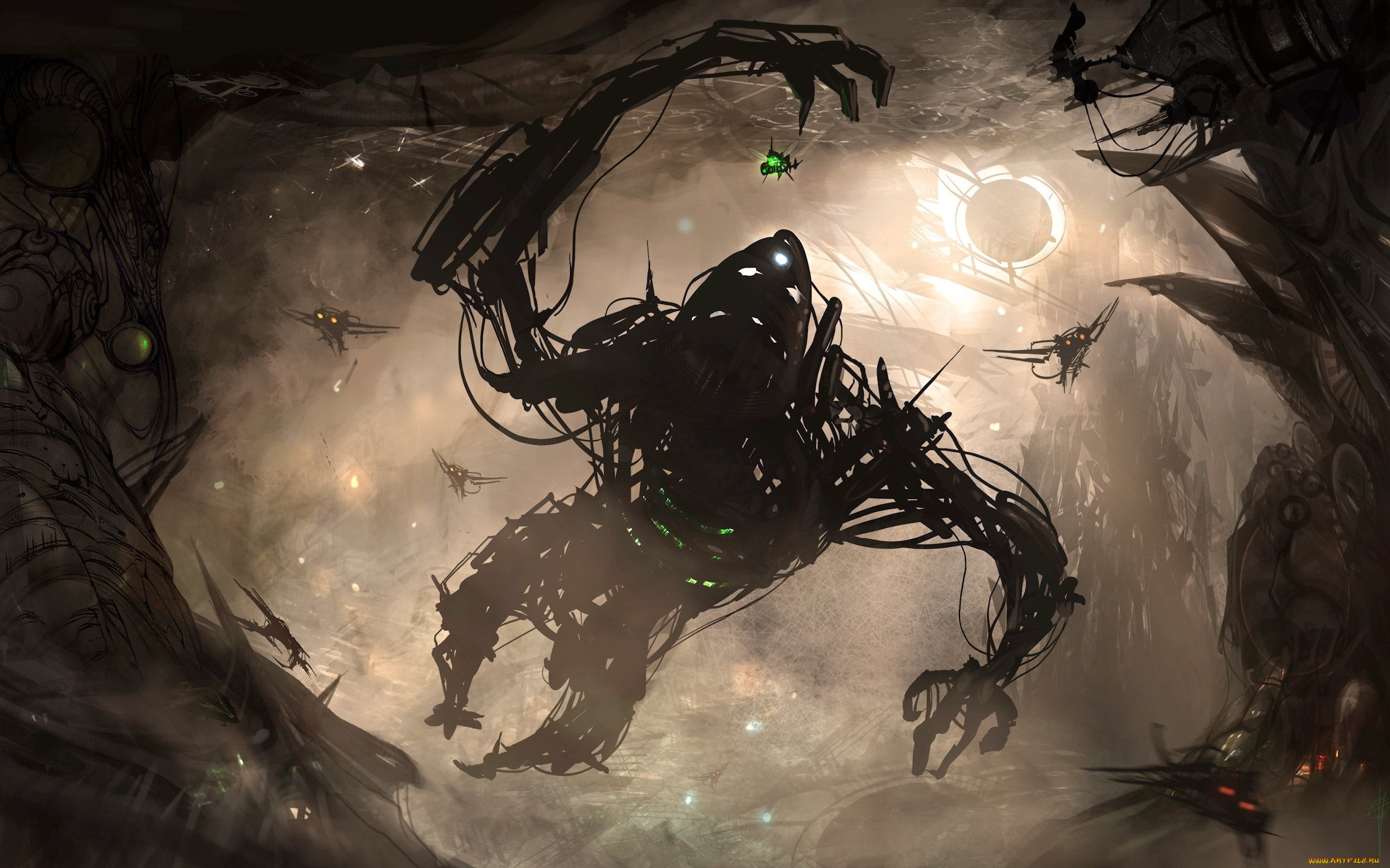 фэнтези, роботы, , киборги, , механизмы, монстр, скалы, свет, корабли