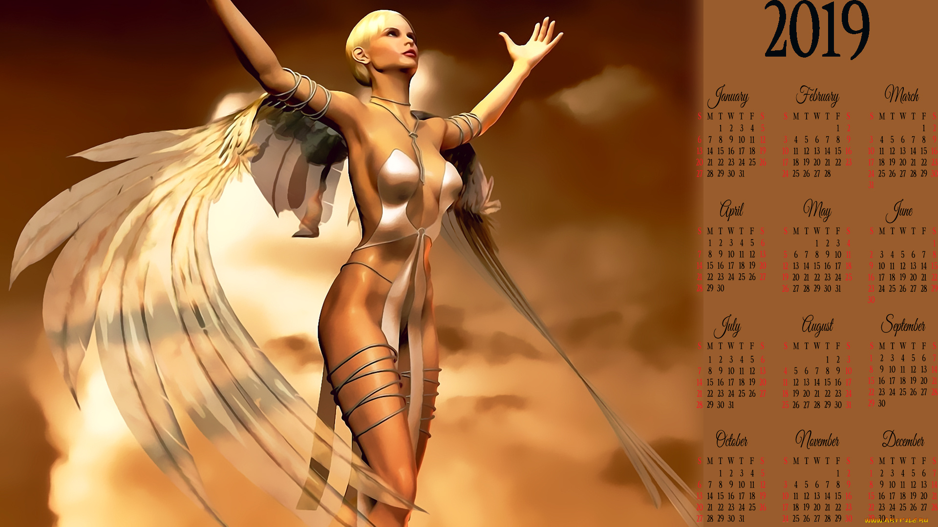 календари, 3д-графика, calendar, крылья, девушка
