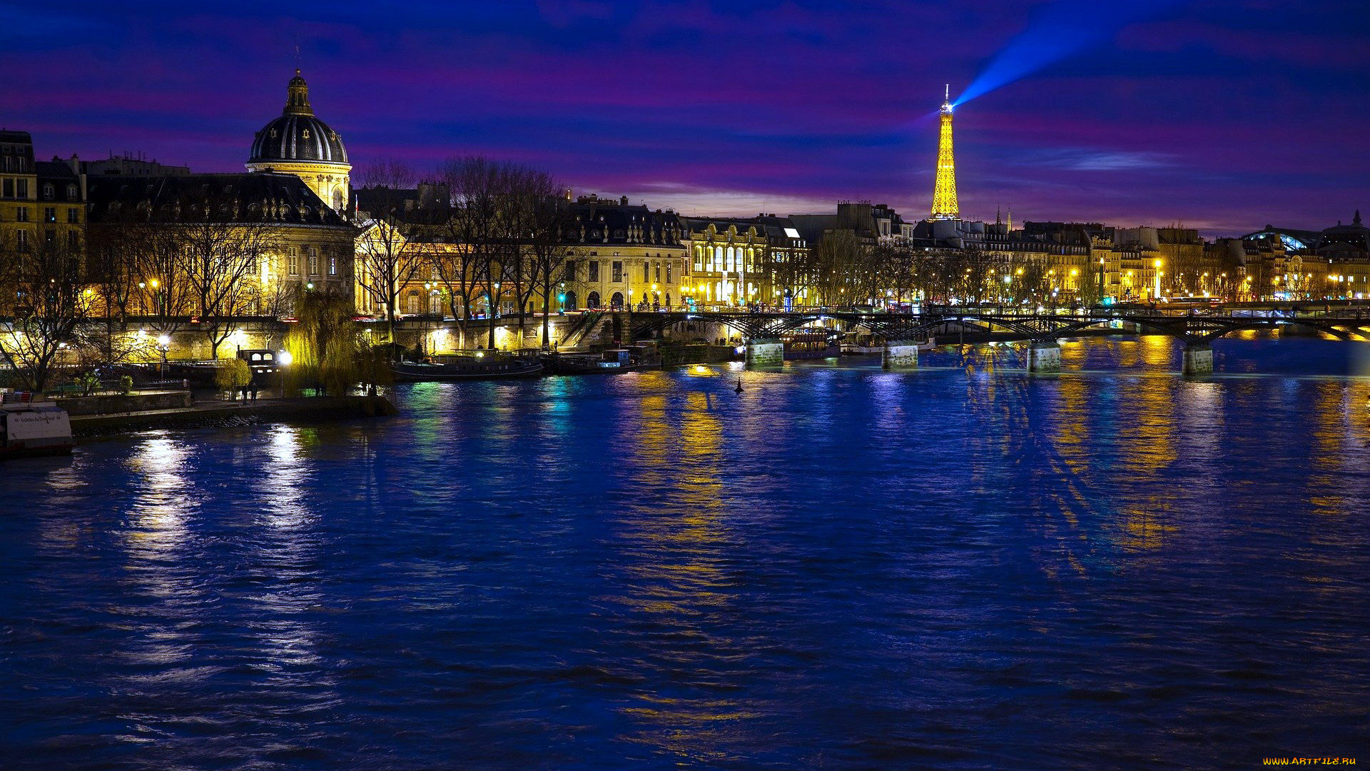 города, париж, , франция, река, вечер, огни