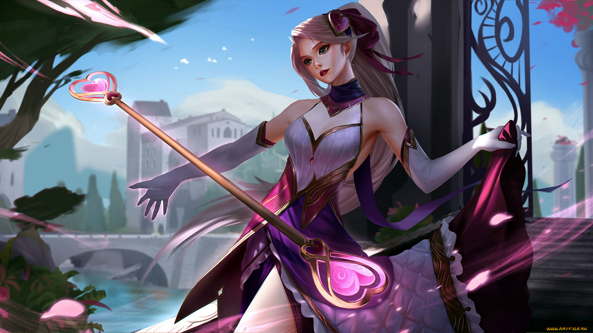 видео, игры, league, of, legends, девушка, посох, лепестки, город, магия, lux