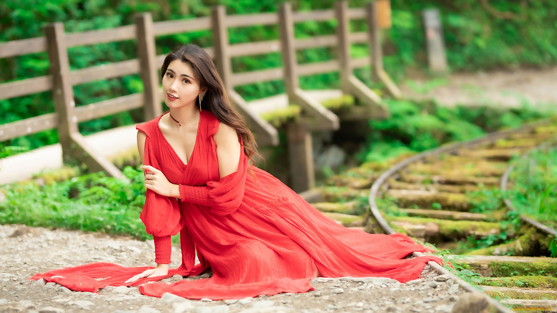 девушки, -, азиатки, азиатка, шелковое, платье, поза