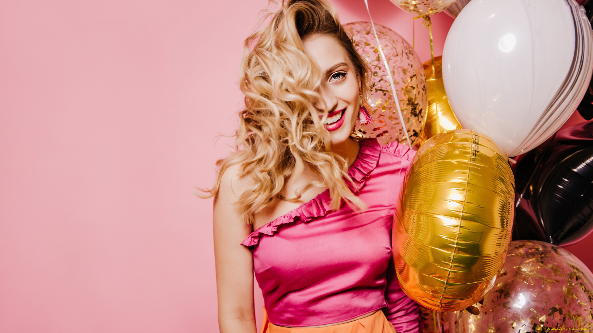 девушки, -, блондинки, , светловолосые, блондинка, улыбка, локоны, шарики, праздник