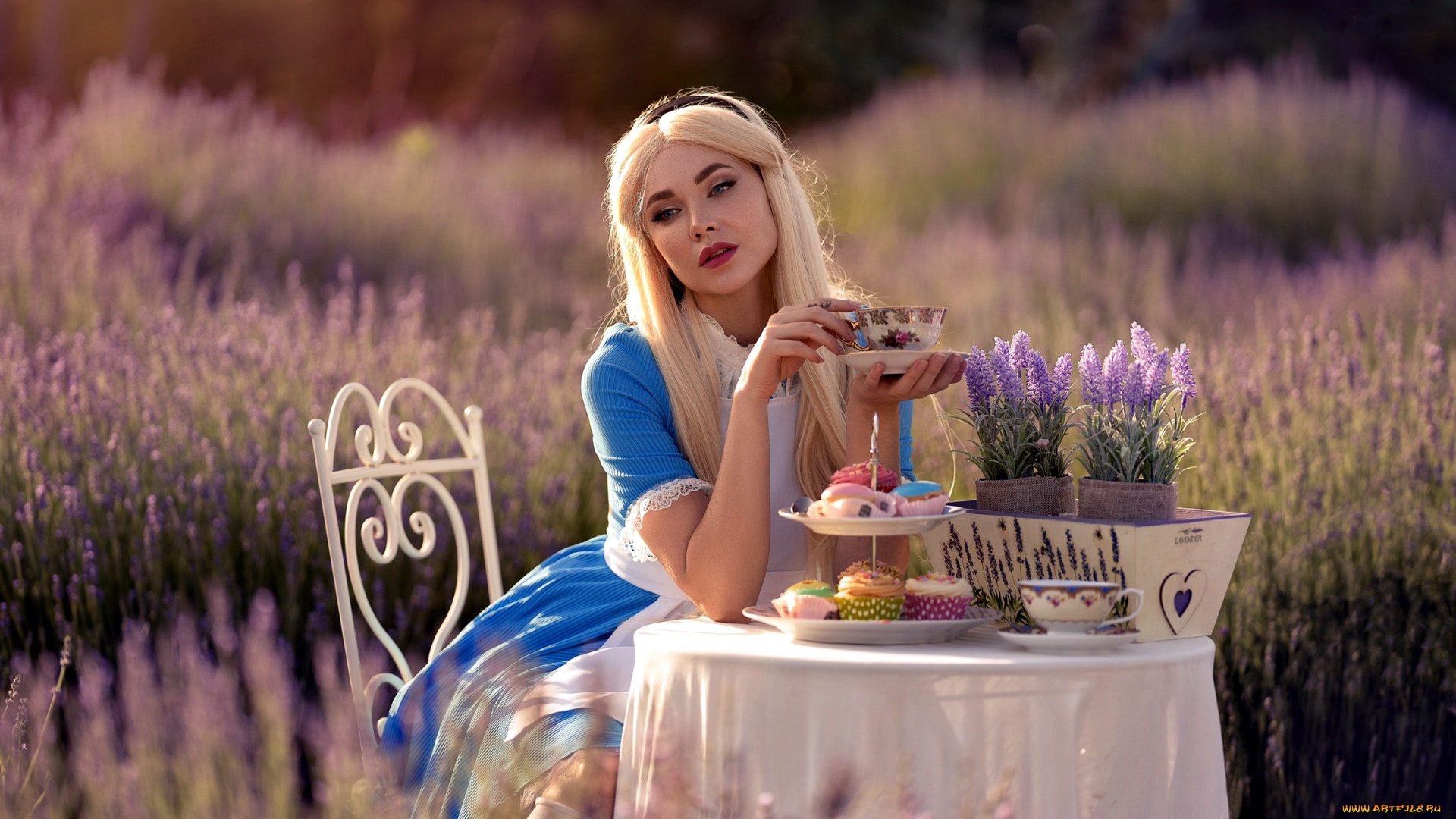 девушки, -, креатив, , косплей, лаванда, блондинка, чаепитие, пирожные