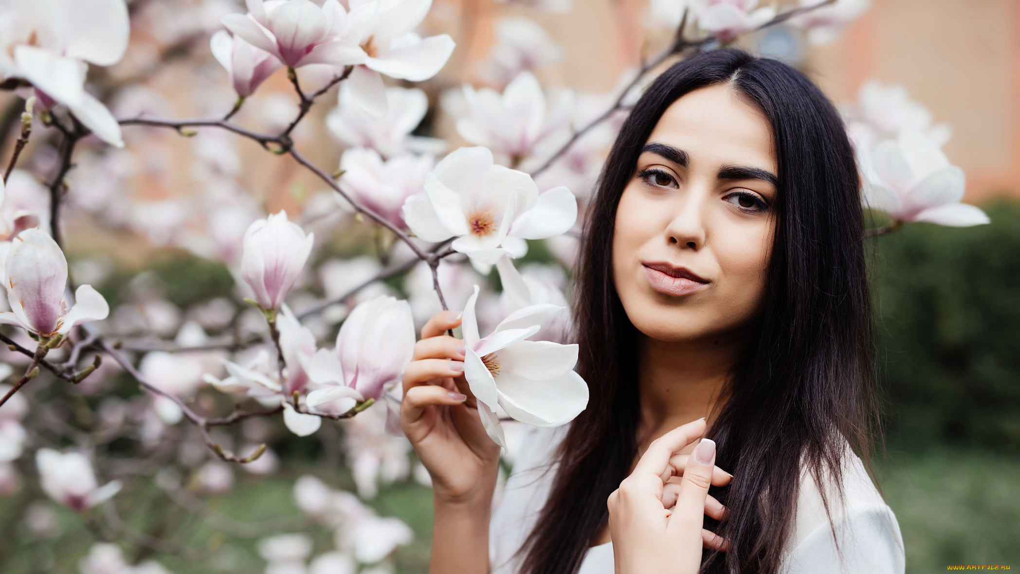 девушки, -, лица, , портреты, весна, брюнетка, магнолия