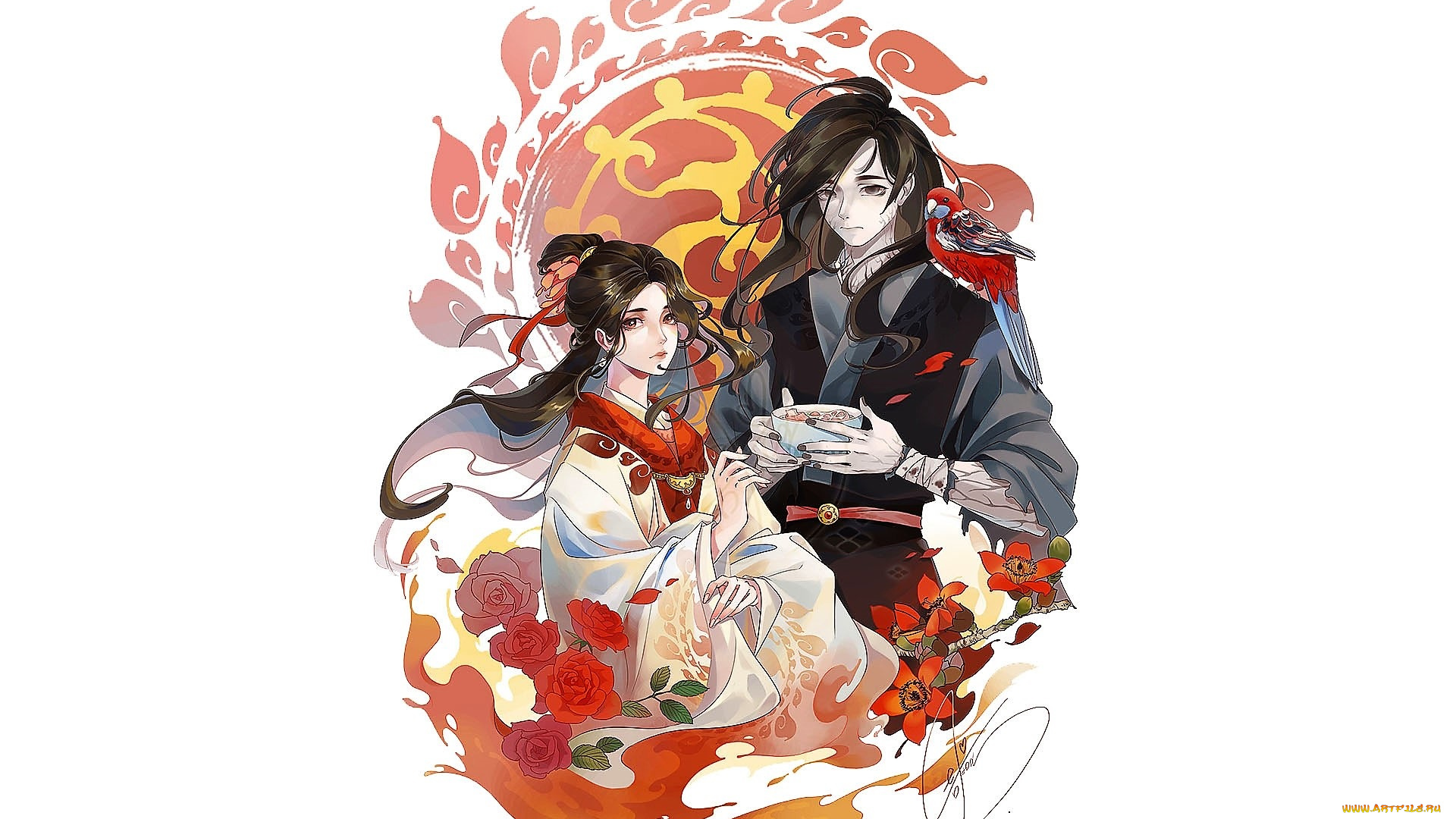 аниме, mo, dao, zu, shi, вэнь, цин, нин, птица, цветы, тарелка