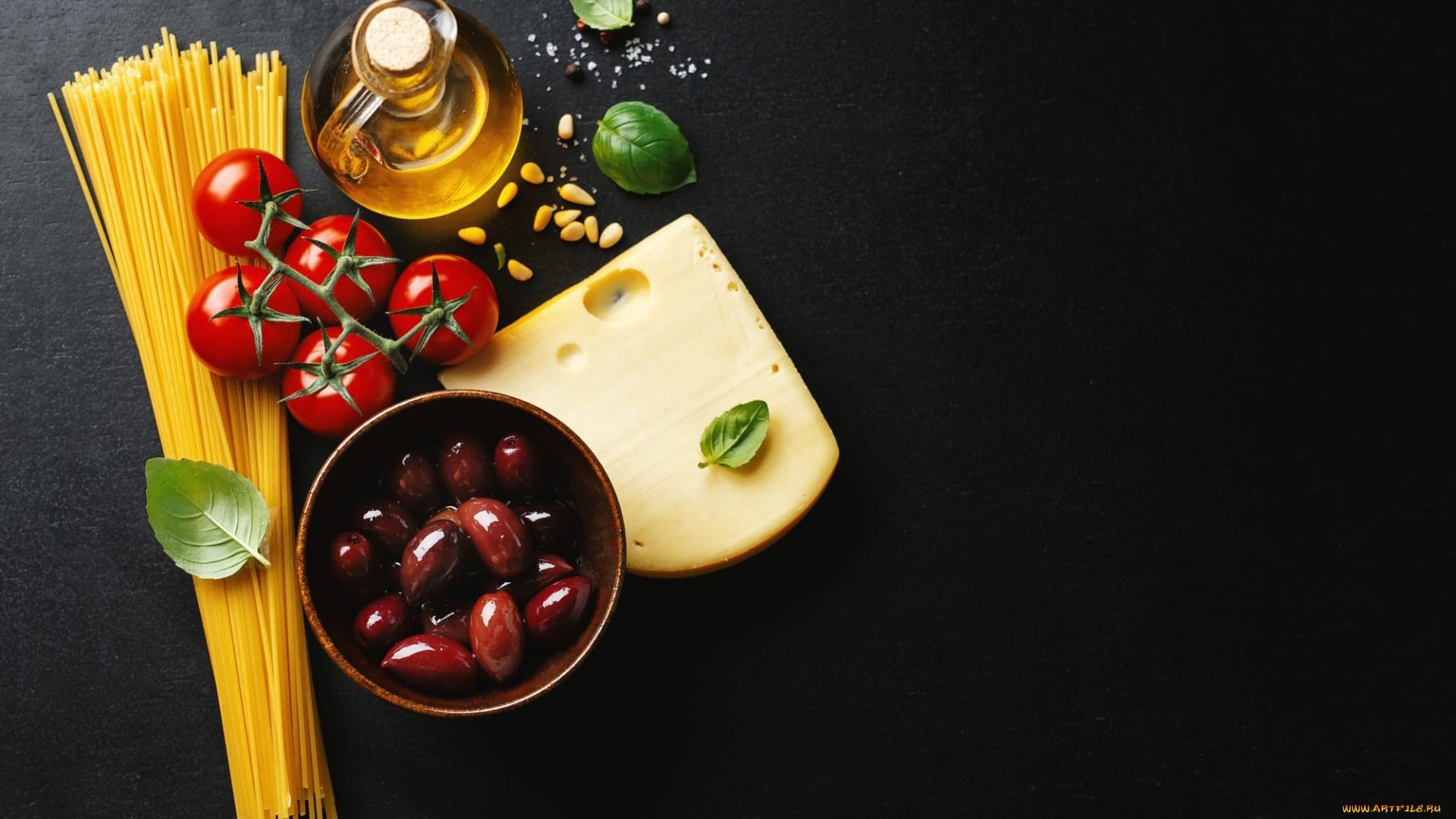 еда, разное, спагетти, макароны, масло, сыр, базилик, помидоры
