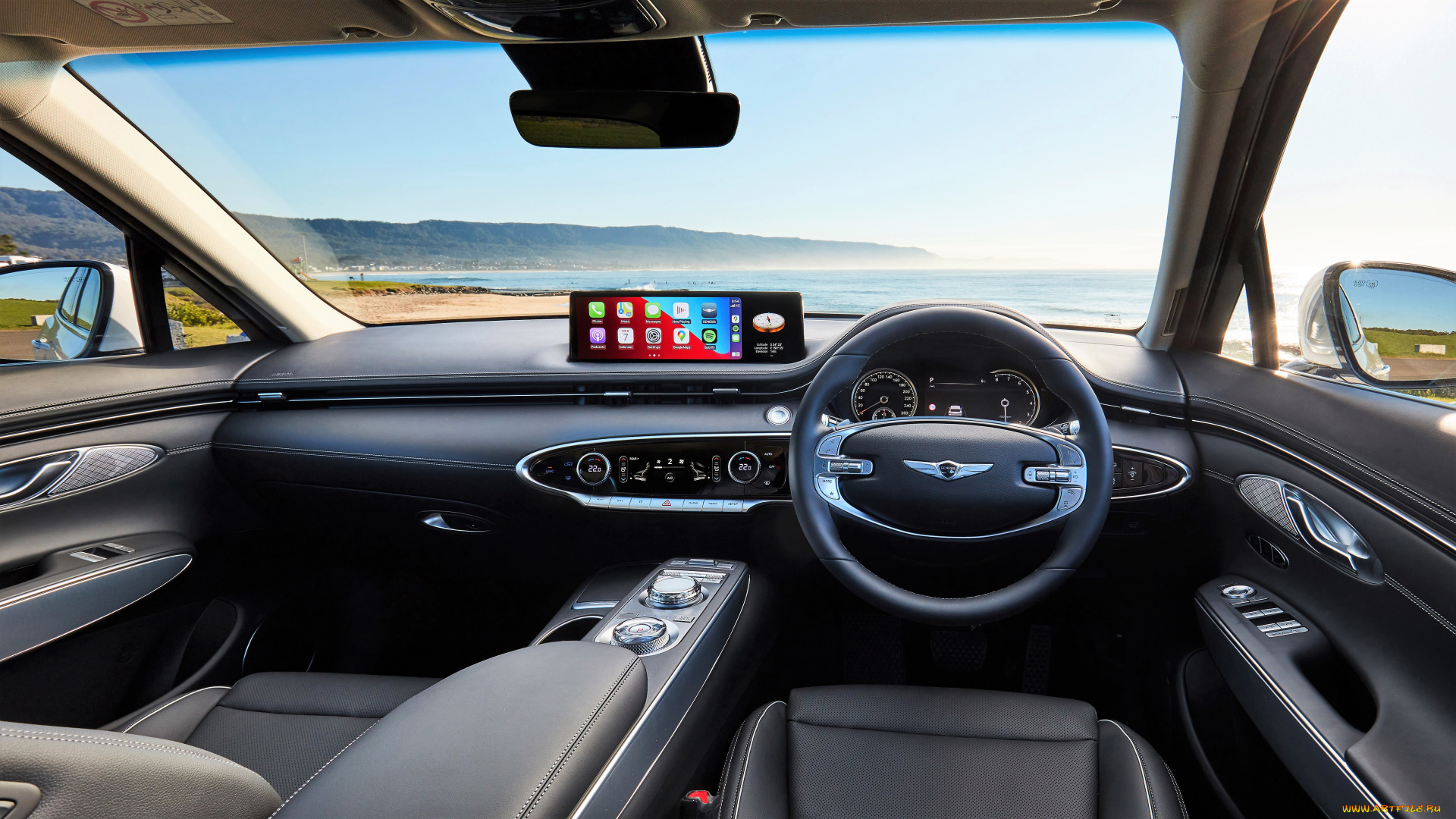 genesis, gv70, 2, 5t, awd, автомобили, интерьеры, салон, черный, кожа, море, берег