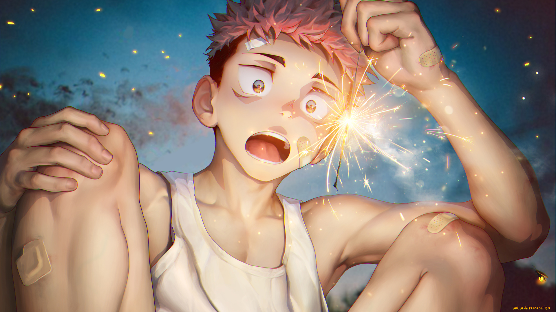 магическая, битва, аниме, jujutsu, kaisen, jujutsu, kaisen, yuuji, itadori, парень, взгляд, бенгальский, огонёк, звёзды, фон