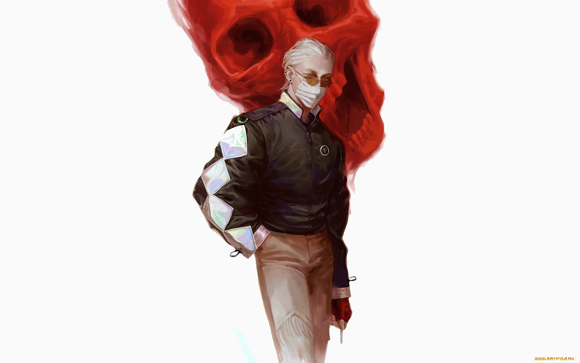 аниме, unknown, , другое, , парень, очки, куртка, череп