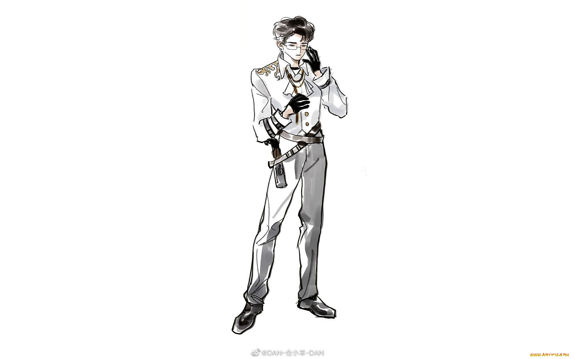 аниме, unknown, , другое, , парень, очки, пистолет, перчатки