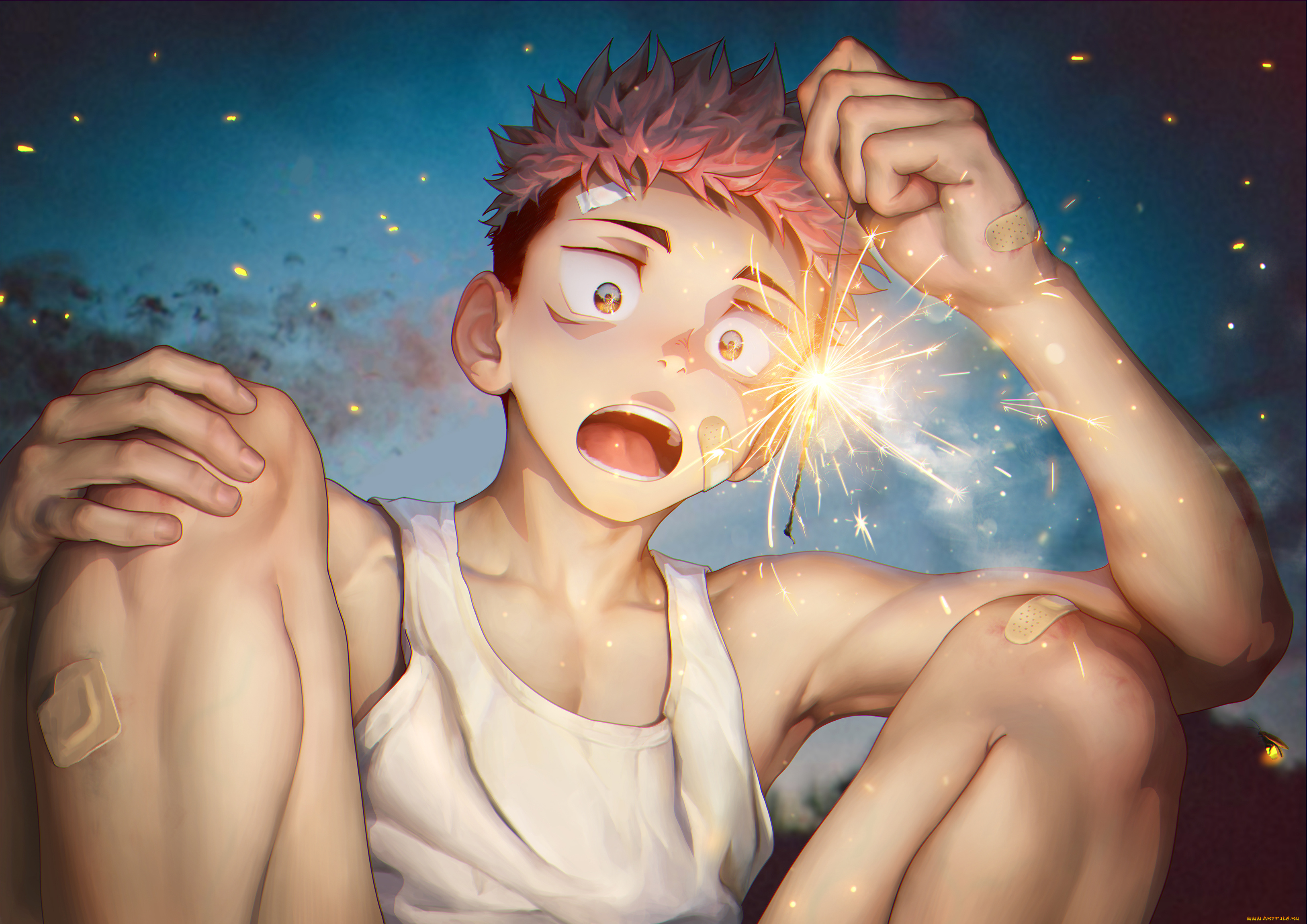 магическая, битва, аниме, jujutsu, kaisen, jujutsu, kaisen, yuuji, itadori, парень, взгляд, бенгальский, огонёк, звёзды, фон