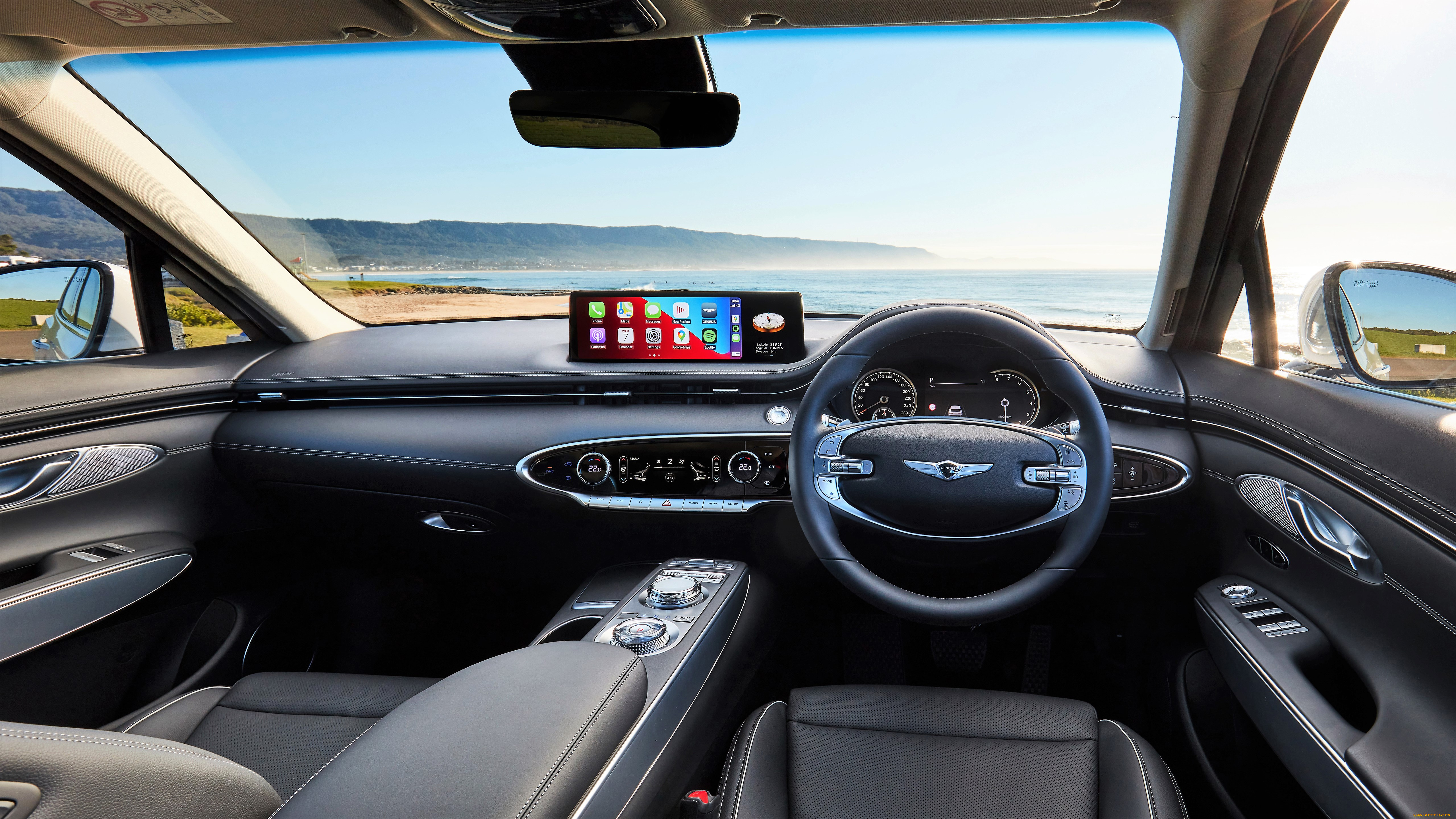 genesis, gv70, 2, 5t, awd, автомобили, интерьеры, салон, черный, кожа, море, берег