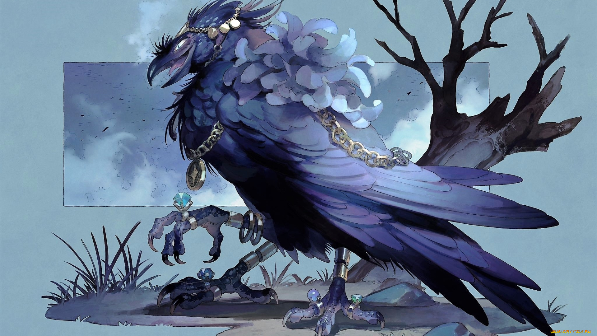 аниме, животные, , существа, ворон, украшения, коряга