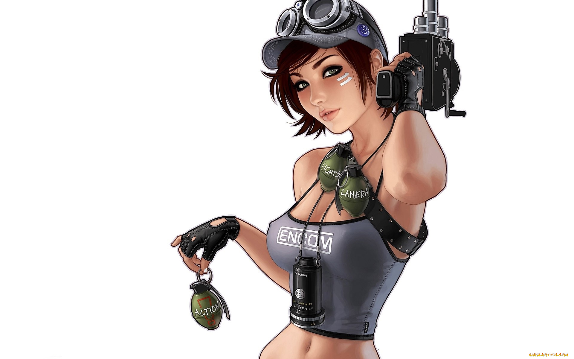 рисованное, люди, девушка, кепка, топ, гранаты