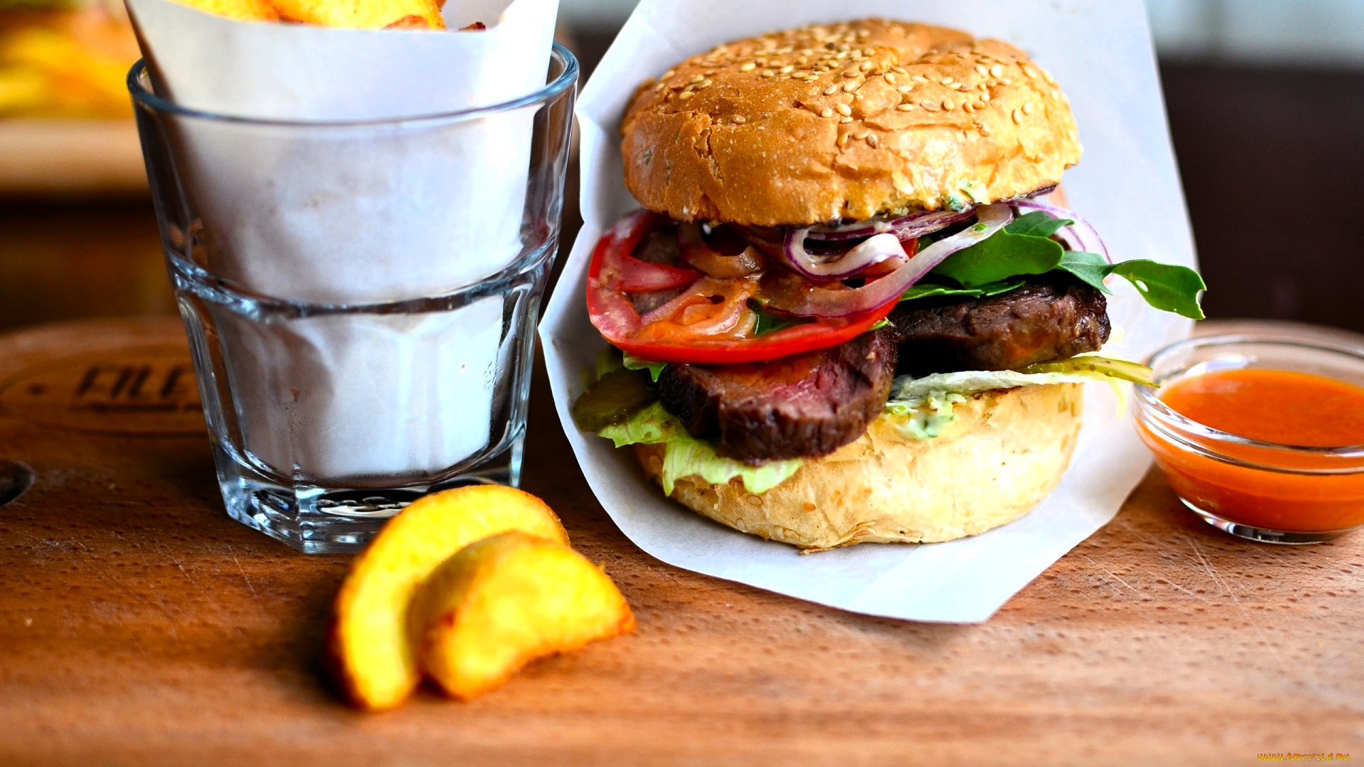 еда, бутерброды, , гамбургеры, , канапе, стакан, картошка, бургер, соус