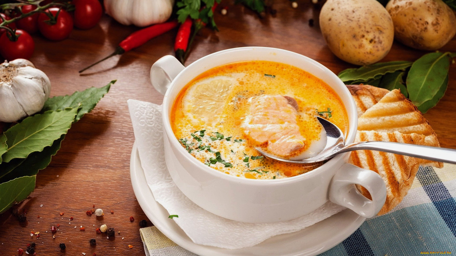 еда, первые, блюда, рыбный, суп, чеснок, перец, картофель, тосты