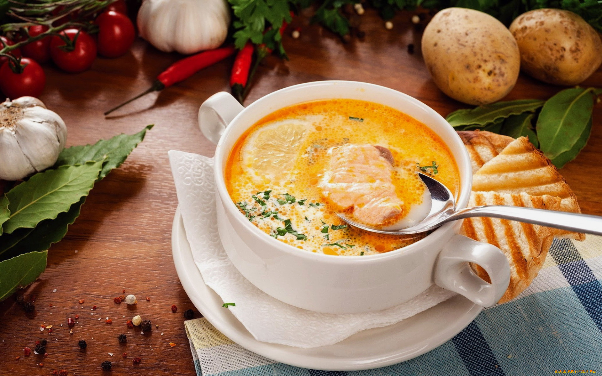 еда, первые, блюда, рыбный, суп, чеснок, перец, картофель, тосты