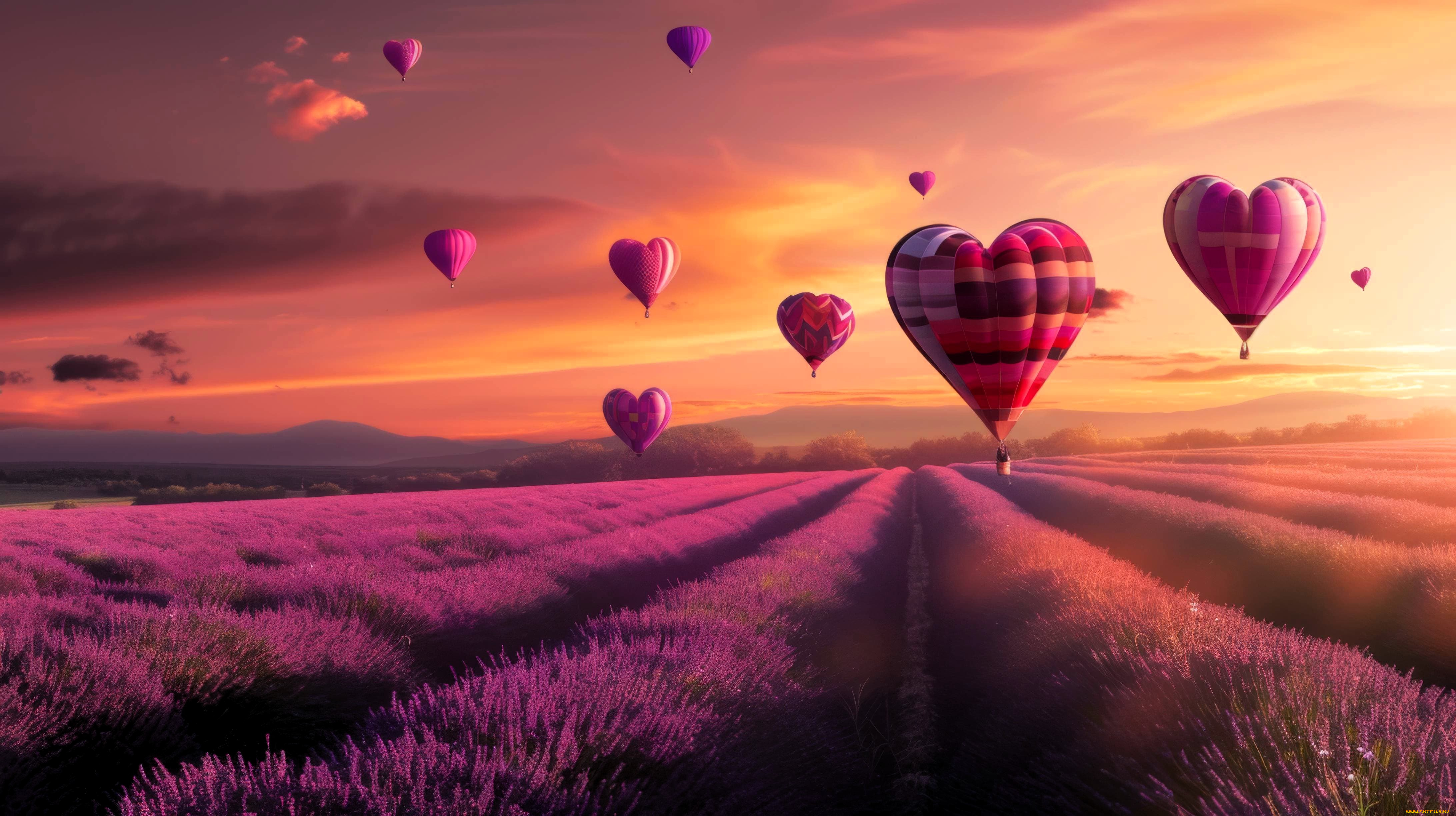 разное, компьютерный, дизайн, поле, лаванда, воздушные, шары, сердечки, закат