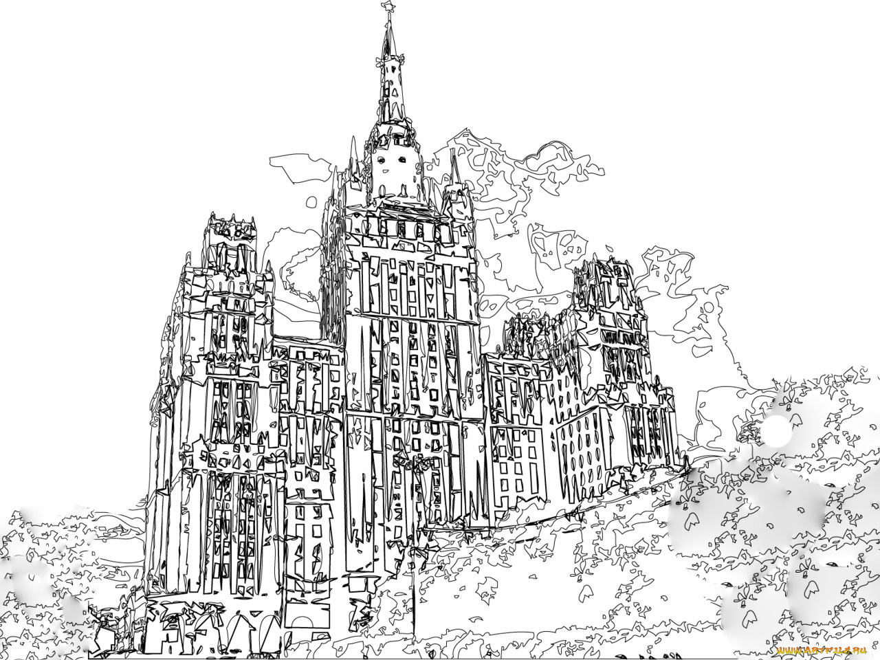 москва, высотка, рисованные, города