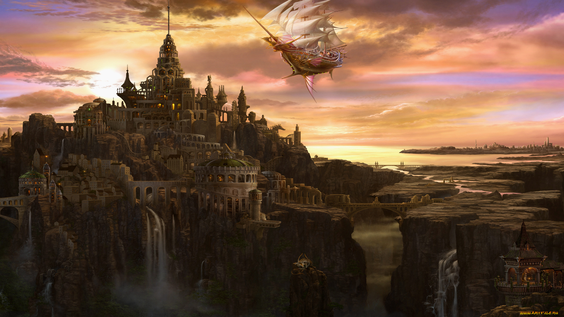 фэнтези, иные, миры, времена, город, пейзаж, водопад, корабль, парусник