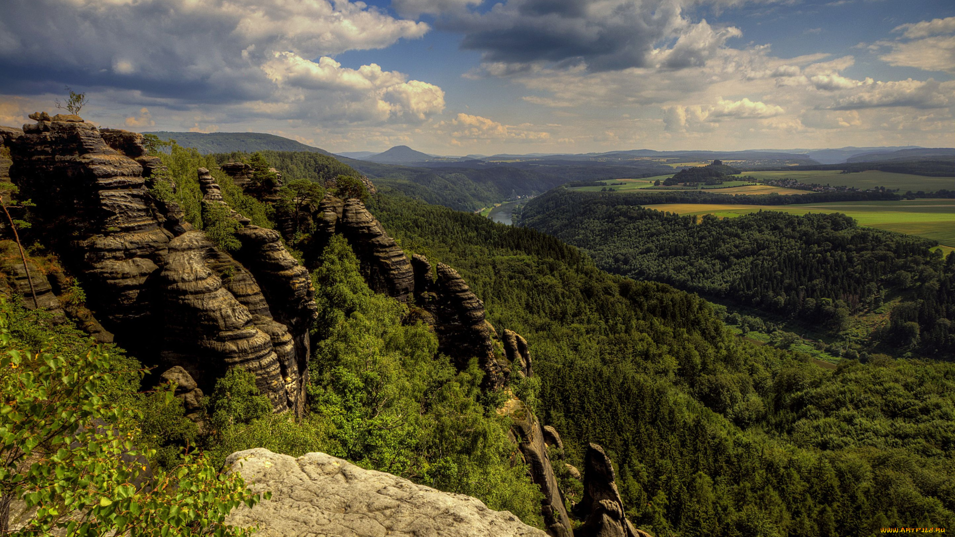 природа, пейзажи, горы, лес, река, облака