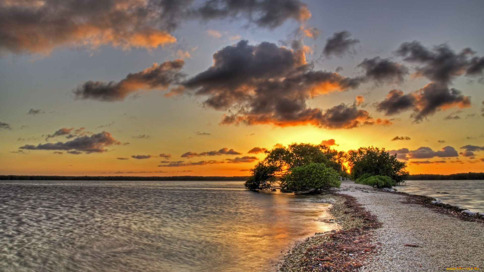 природа, реки, озера, закат, облака, коса, река