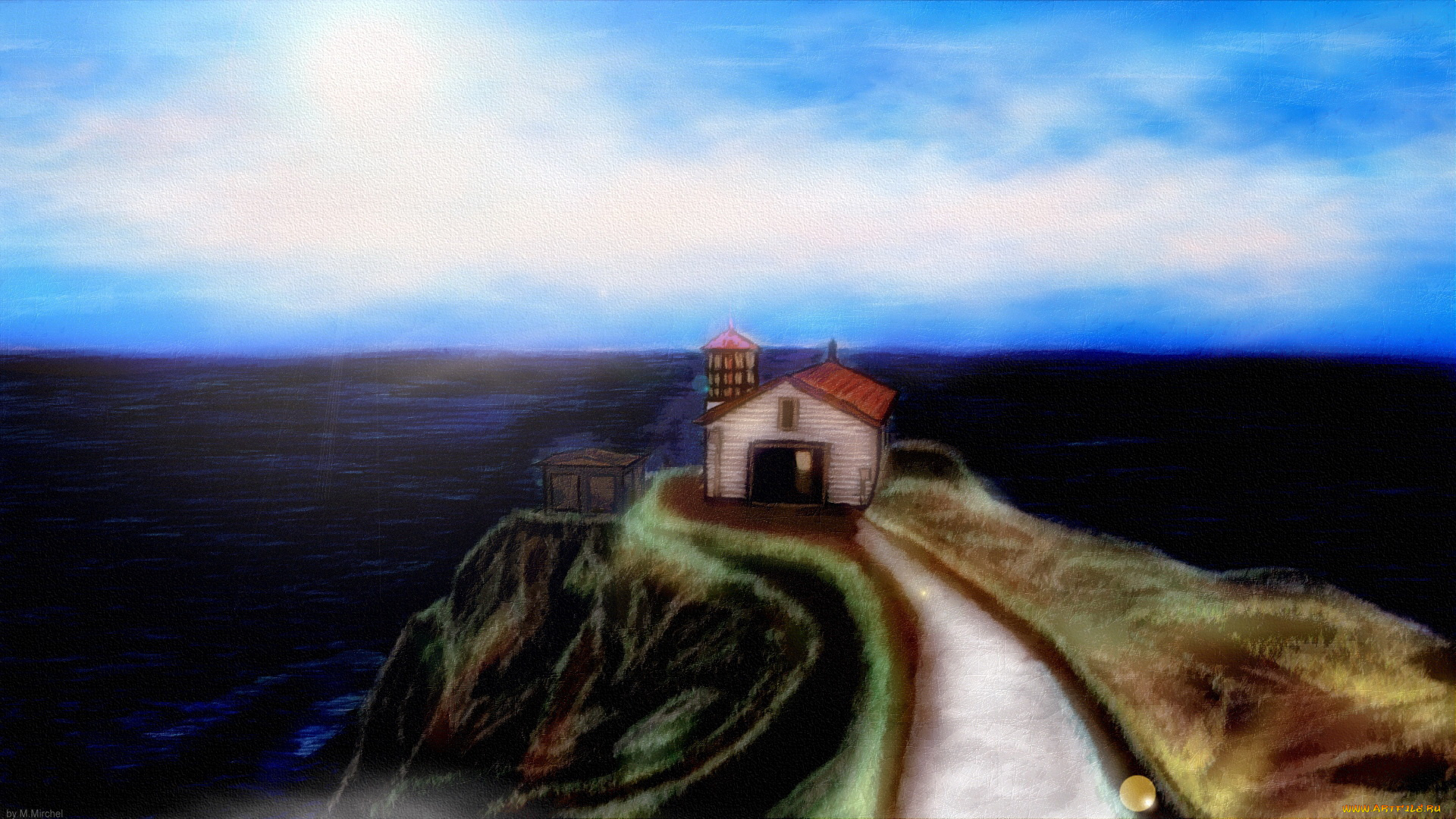 рисованные, природа, дом, дорога, море