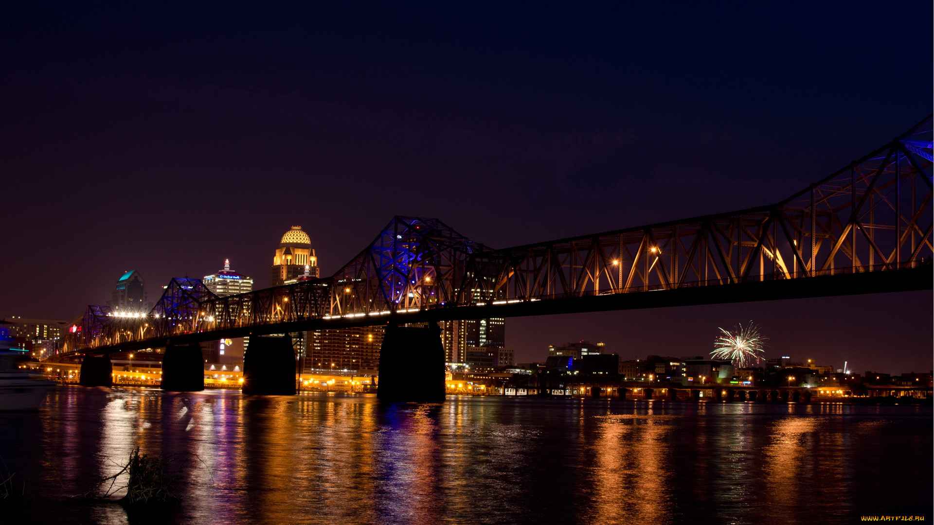 города, огни, ночного, ночь, город, мост, louisville, kentucky