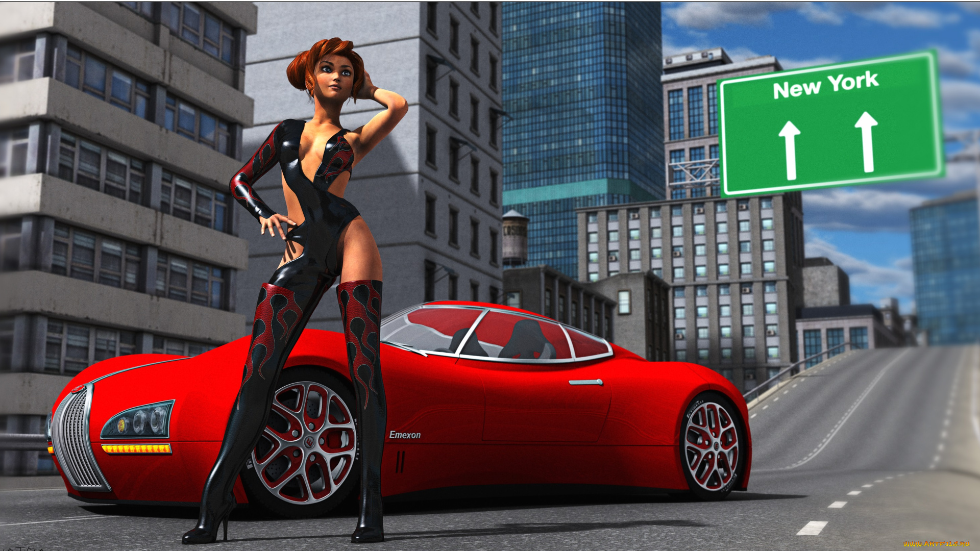 автомобили, 3д, улица, девушка, автомобиль