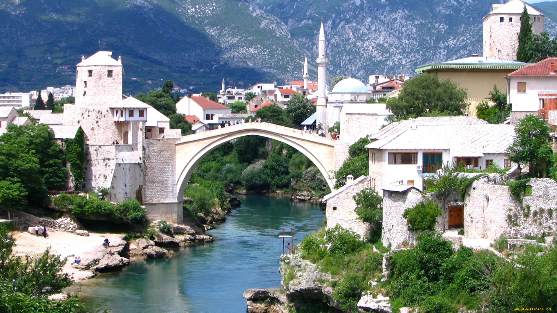 города, мостар, босния, герцеговина, мечеть, дома, река, мост