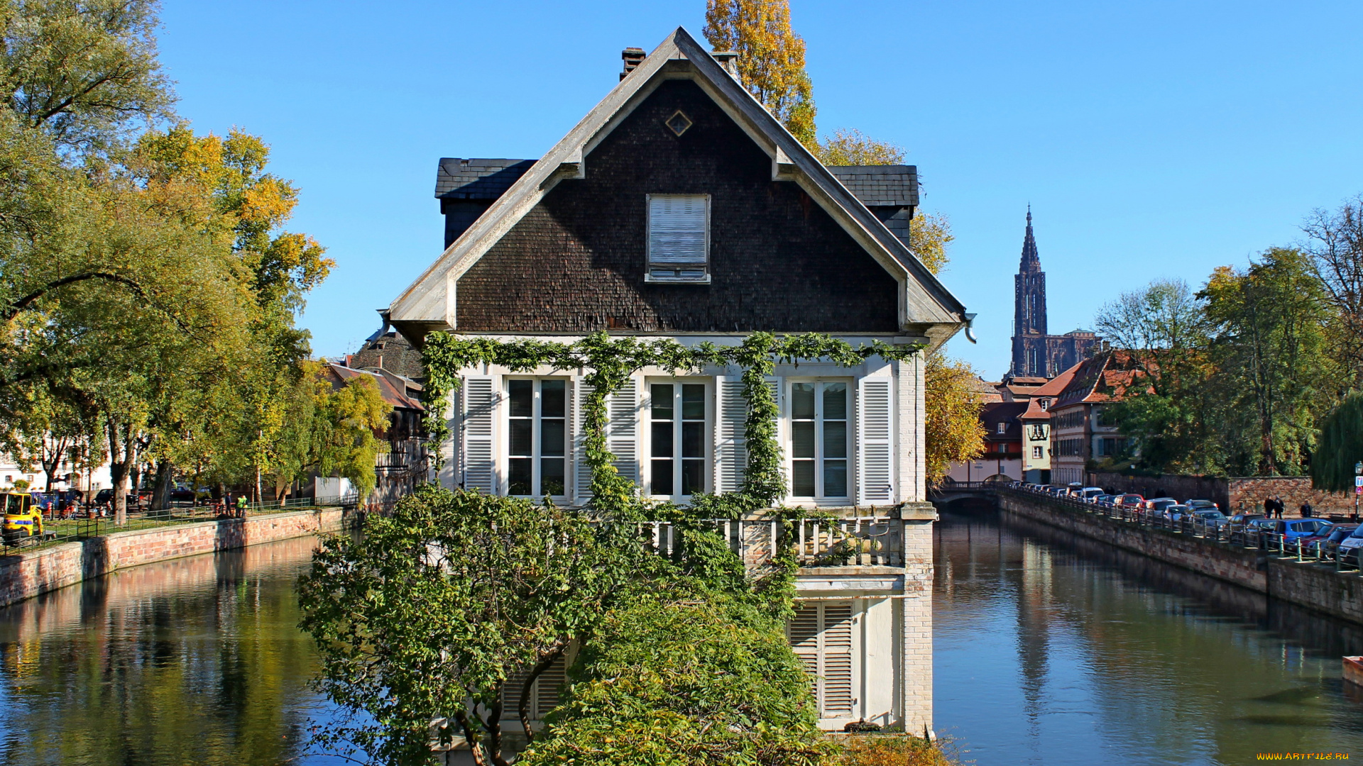 страсбург, города, франция, дома, канал, деревья