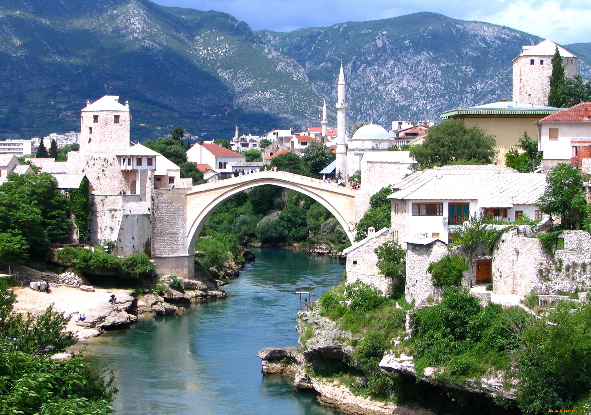 города, мостар, босния, герцеговина, мечеть, дома, река, мост