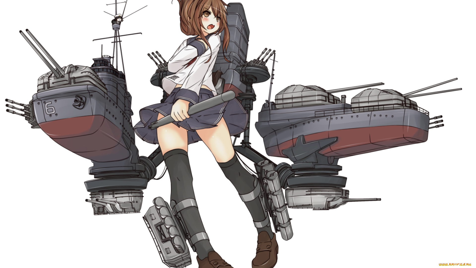 аниме, -weapon, , blood, &, technology, юбка, шатенка, девушка, гольфы, арт, оружие, белый, фон, корабли